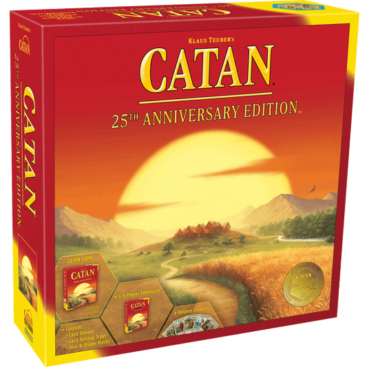 The image shows the Catan Studio Catan: 25th Anniversary Edition box with a sunset landscape. It includes the base game, 5-6 Player Extension, and “Helpers of Catan” scenario.