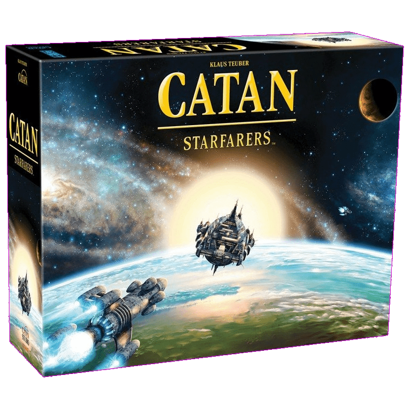 The image displays the box for Catan: Starfarers by Catan Studio, featuring spaceships near a planet and a bright sun in space, with the title prominently shown on the front.