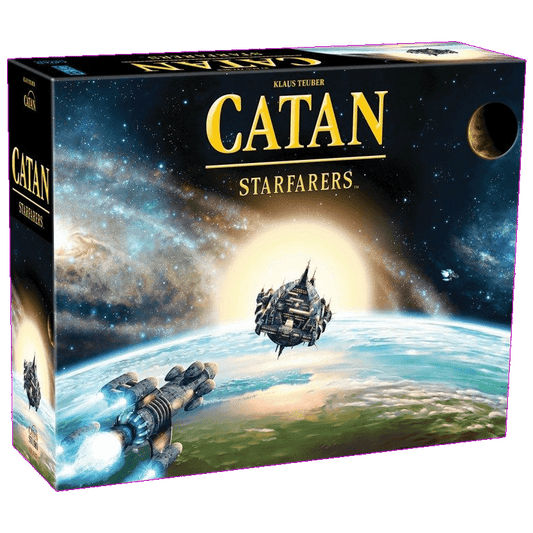 The image displays the box for Catan: Starfarers by Catan Studio, featuring spaceships near a planet and a bright sun in space, with the title prominently shown on the front.