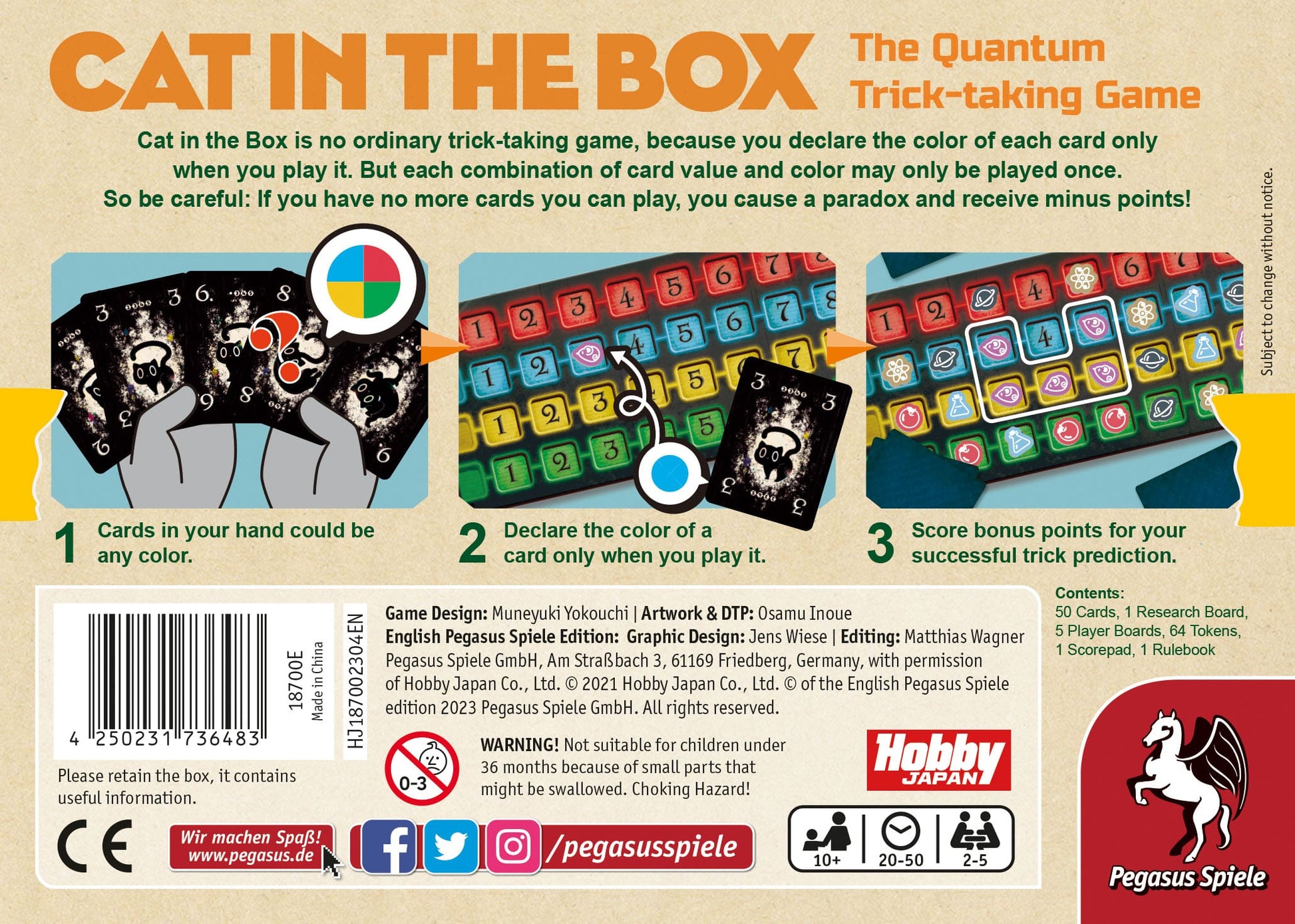 The back of the Cat in the Box Deluxe Edition by Pegasus Spiele showcases vibrant quantum trick-taking game components, details for 2-5 players, and a barcode in the lower left corner.