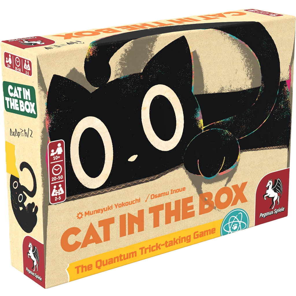 Cat in the Box Deluxe Edition by Pegasus Spiele is a quantum trick-taking card game for 2-5 players, ages 10+, with playtime of 20–50 minutes. The box shows a wide-eyed black cartoon cat with a curled tail.