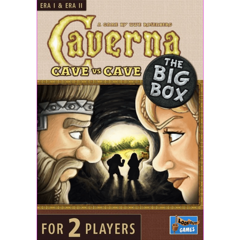 Box cover of Caverna: Cave vs Cave – The Big Box by Lookout Games, featuring illustrated dwarf man and woman profiles facing each other, with two figures entering a cave in the background. A strategic two-player game.