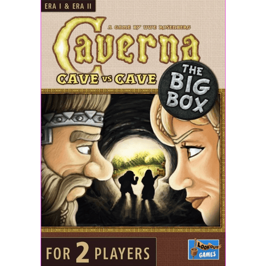 Box cover of Caverna: Cave vs Cave – The Big Box by Lookout Games, featuring illustrated dwarf man and woman profiles facing each other, with two figures entering a cave in the background. A strategic two-player game.