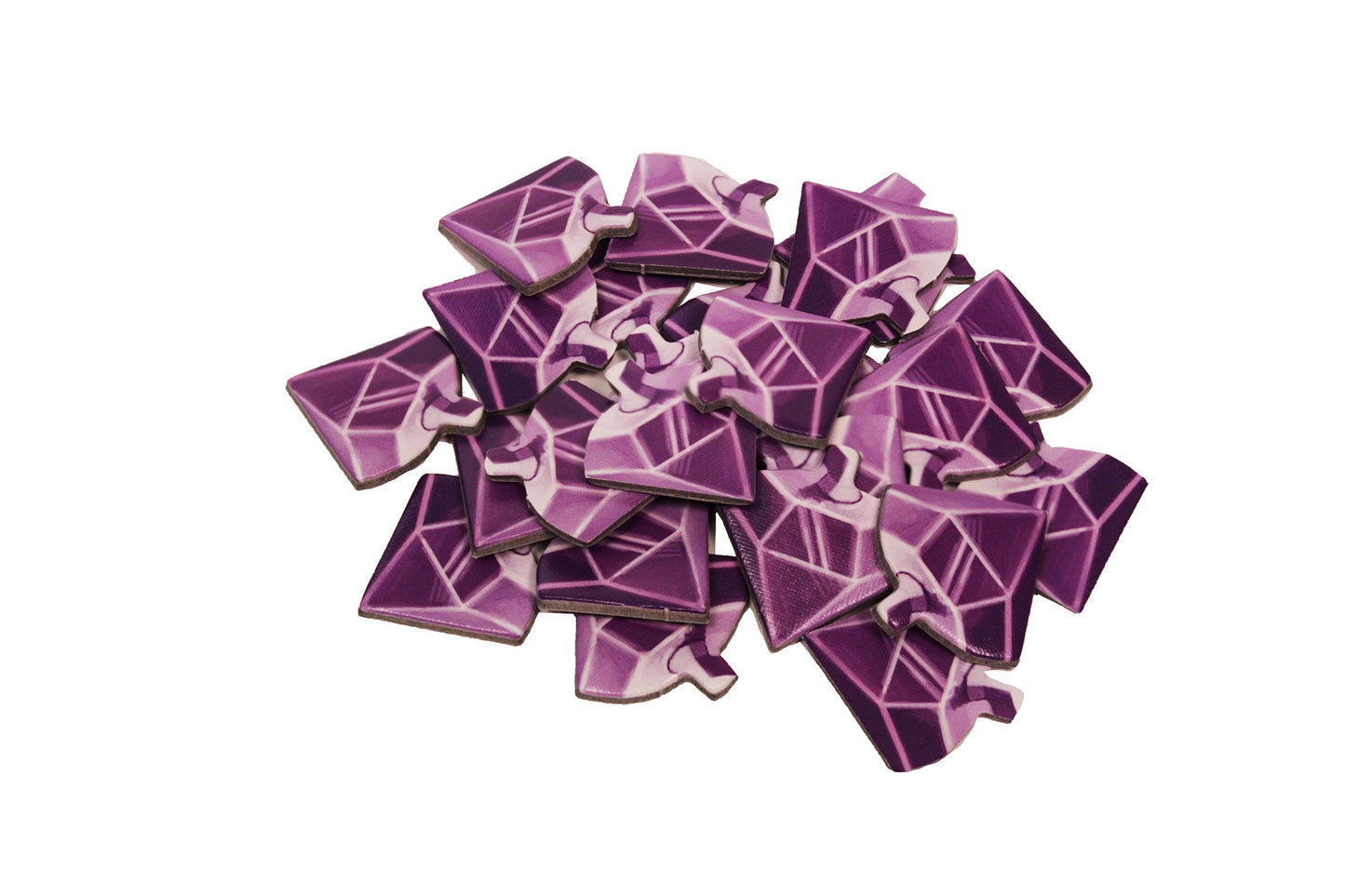 A pile of purple geometric puzzle pieces, inspired by Lookout Games' Caverna: The Forgotten Folk Expansion, displayed on a white background.