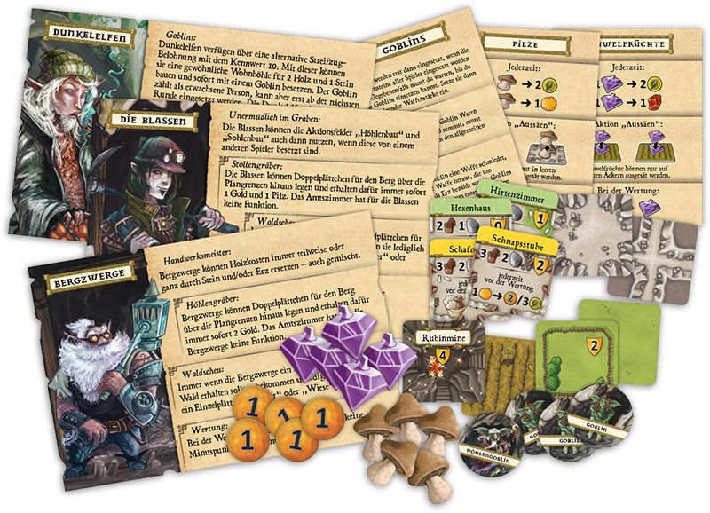 Assorted components from Lookout Games’ Caverna: The Forgotten Folk Expansion—including fantasy character cards, mushroom and gem tokens, scoring tokens, and numbered tiles—are displayed on a white background.