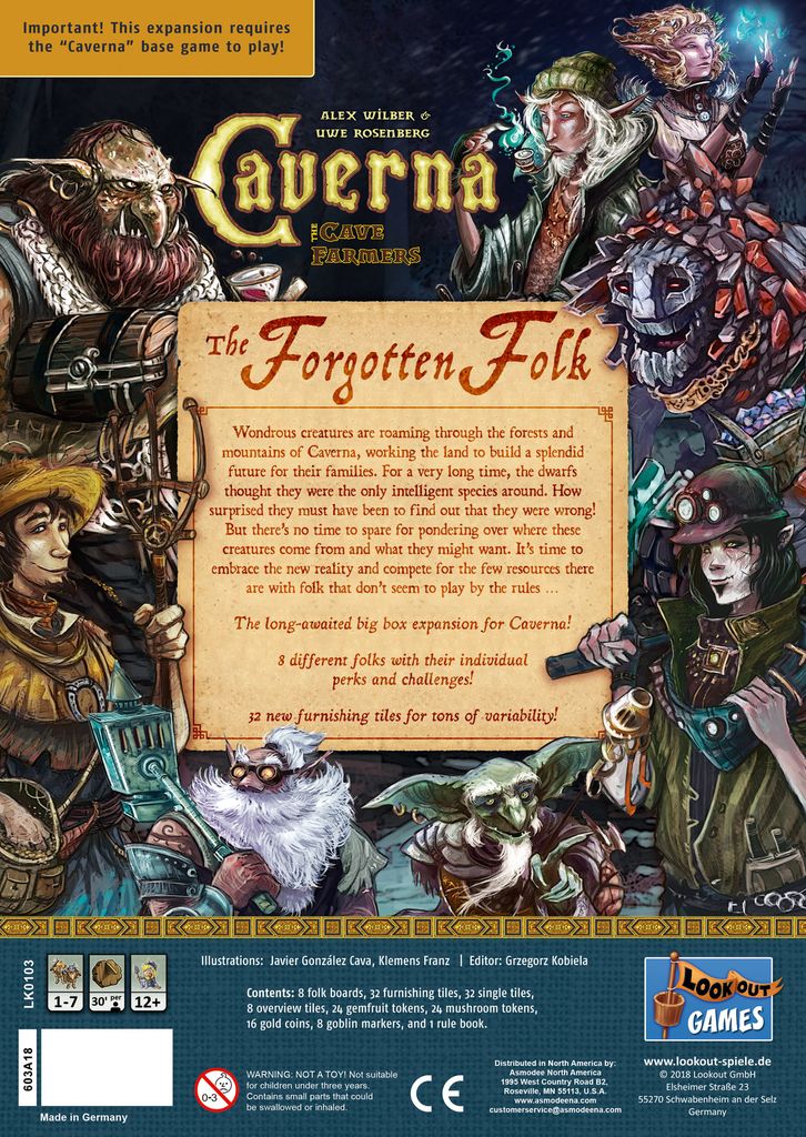 Vibrant box cover for Lookout Games' Caverna: The Forgotten Folk Expansion, showing a lizard, elf, troll, and fox-person around a scroll displaying game info in a fantasy setting.