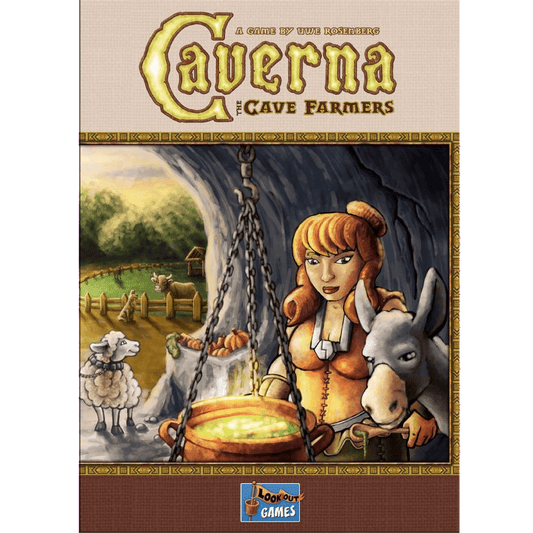 The cover of Caverna: The Cave Farmers by Mayfair Games features a red-haired woman and a donkey in a cave with a pot over a fire. Outside, farmland, sheep, and fences hint at this farming worker-placement board game's adventures.