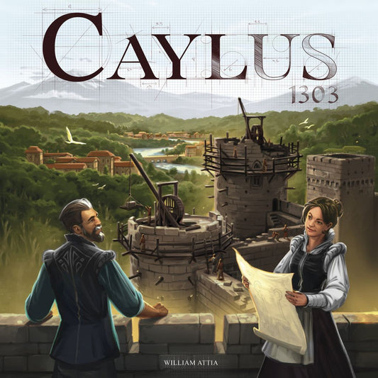 Two people in medieval attire stand on a stone wall overlooking a castle under construction, echoing the strategic gameplay of Caylus 1303 by Space Cowboys. Towers, scaffolding, and lush greenery complete the scene.