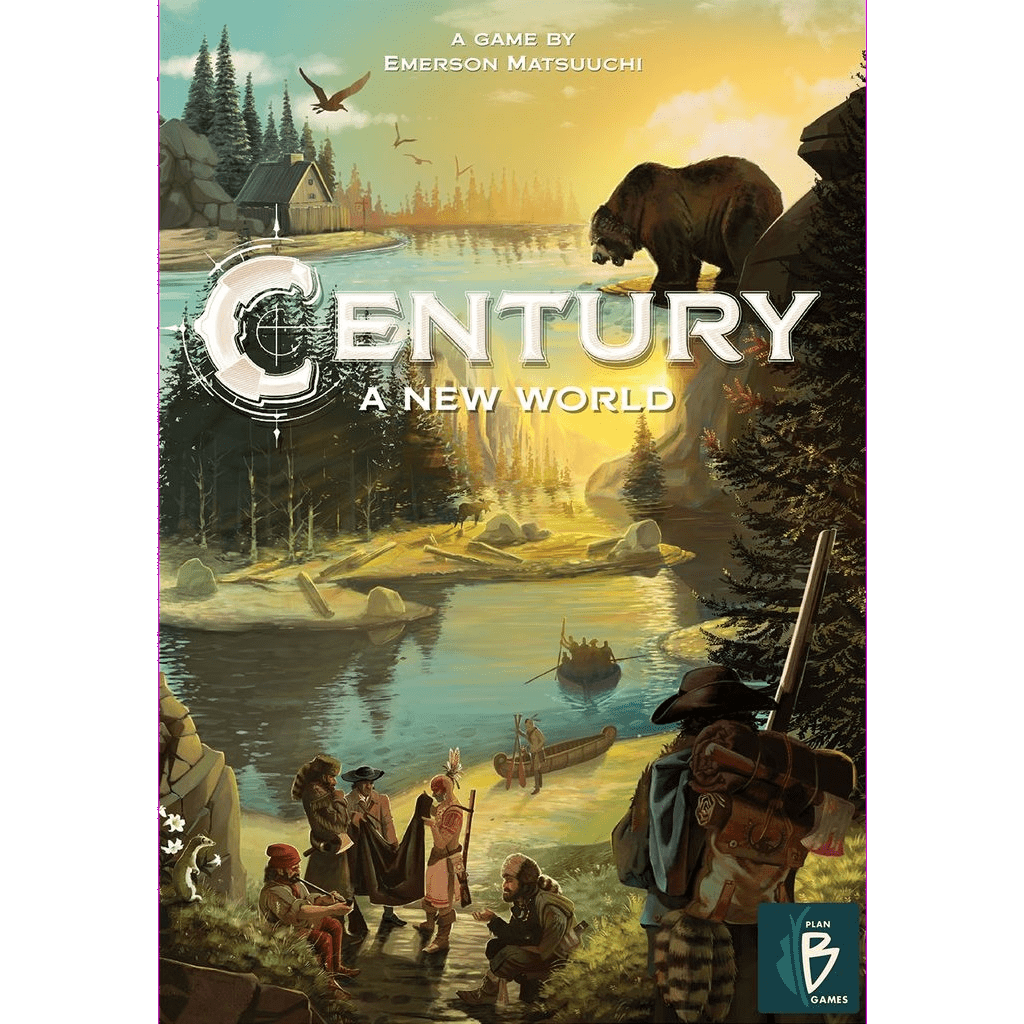 The cover art for Century: A New World by Plan B Games depicts lakeside explorers, canoes, forest cabins, mountains in the distance, and birds overhead, with the game’s name and creator shown.