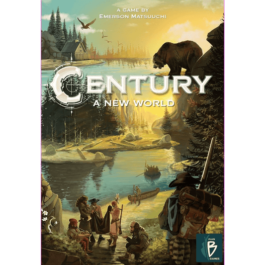 The cover art for Century: A New World by Plan B Games depicts lakeside explorers, canoes, forest cabins, mountains in the distance, and birds overhead, with the game’s name and creator shown.