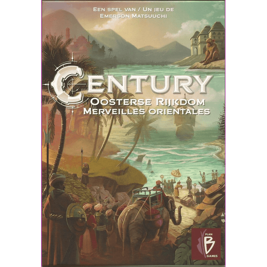 The cover art of Century: Oosterse Rijkdom/Merveilles Orientales NL/FR by Plan B Games shows traders, camels, and a wagon on a tropical shore with ships, mountains, palm trees, and domed buildings beneath a vibrant sky.