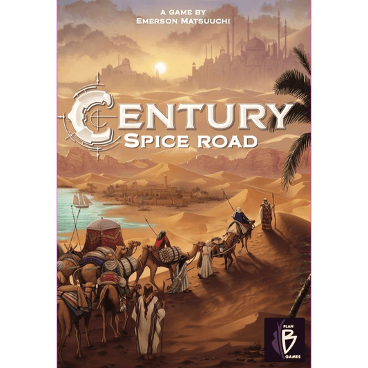 The cover art for Century: Spice Road by Plan B Games shows a camel caravan and traders crossing desert sand dunes toward a distant city, with palm trees and a sunset in the background.