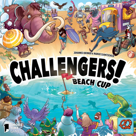 A vibrant illustration of animals and fantasy characters playing sports on a beach features the title "Challengers! Beach Cup." This lively Pretzel Games board game showcases diverse, action-packed competitors.