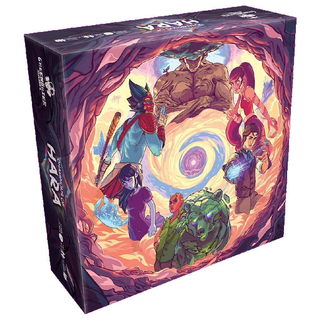 The Champions of Hara board game by Greenbrier Games showcases six diverse fantasy characters in action-packed poses around a radiant portal, with vivid artwork reflecting the excitement of this cooperative adventure.