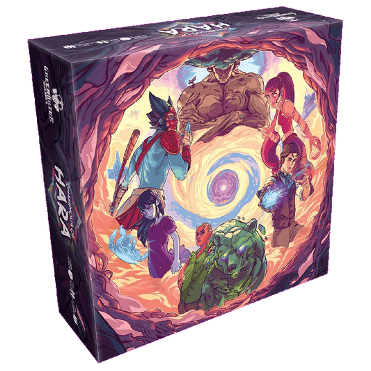 The Champions of Hara board game by Greenbrier Games showcases six diverse fantasy characters in action-packed poses around a radiant portal, with vivid artwork reflecting the excitement of this cooperative adventure.