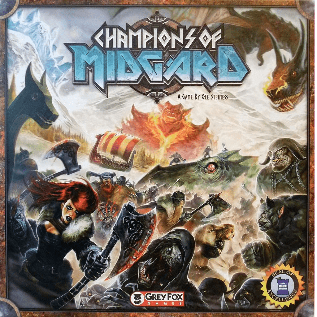 Cover art for Champions of Midgard by Grey Fox Games shows Viking warriors with axes and shields fighting mythological creatures near a ship under a stormy sky. Title and Grey Fox Games logos are displayed.