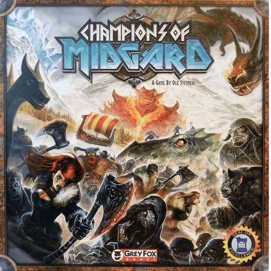 Cover art for Champions of Midgard by Grey Fox Games shows Viking warriors with axes and shields fighting mythological creatures near a ship under a stormy sky. Title and Grey Fox Games logos are displayed.