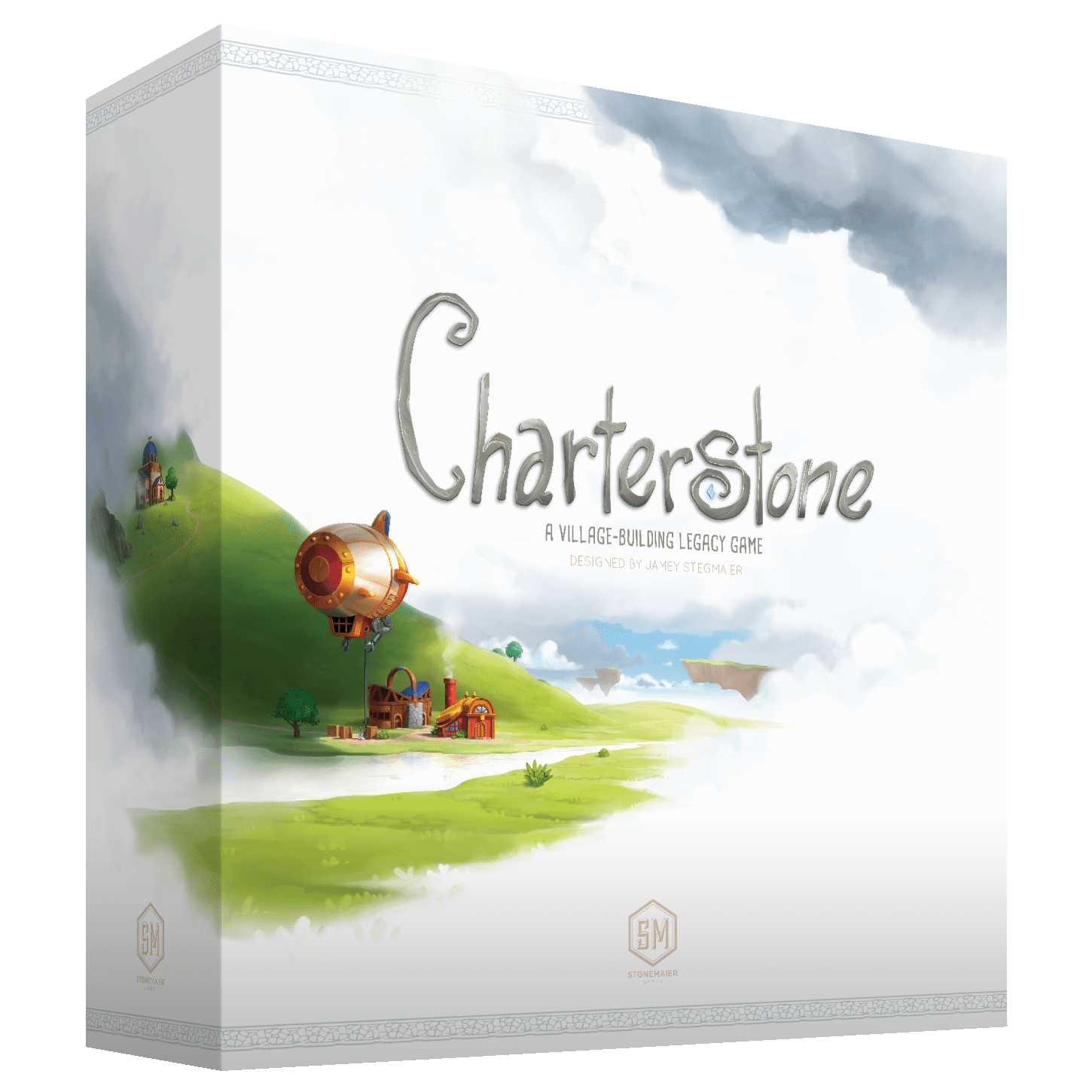 Box cover for "Charterstone" by Stonemaier Games, showing a green hill, small village, and steampunk airship under clouds. Charterstone is a worker-placement legacy game focused on building your own village.