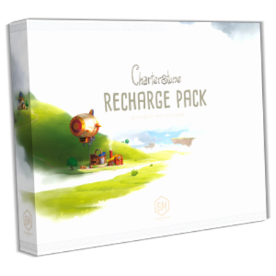 Stonemaier Games' Charterstone Recharge Pack comes in a white box with a colorful village, blimp, and green hills illustration—ideal for launching a second campaign.