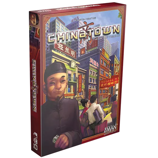A box for the Chinatown board game by Z-Man Games, showing vibrant illustrations of people and buildings in a bustling Chinatown with both Chinese and English text, highlighting its fun negotiation gameplay.