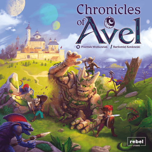 The box art for Chronicles of Avel by Rebel shows heroes battling a giant stone golem near a castle, with a dragon above and magical creatures watching.