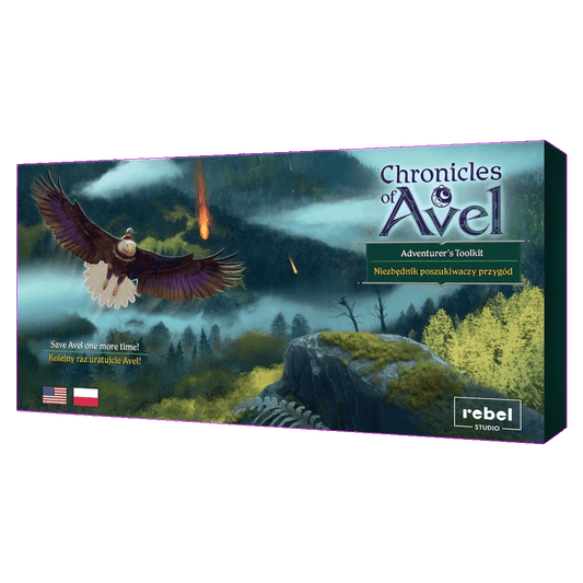 The Rebel Chronicles of Avel: Adventurer's Toolkit game box shows a flying eagle above a forest and mountains with fireballs in the sky, plus English and Polish flags in the corner.