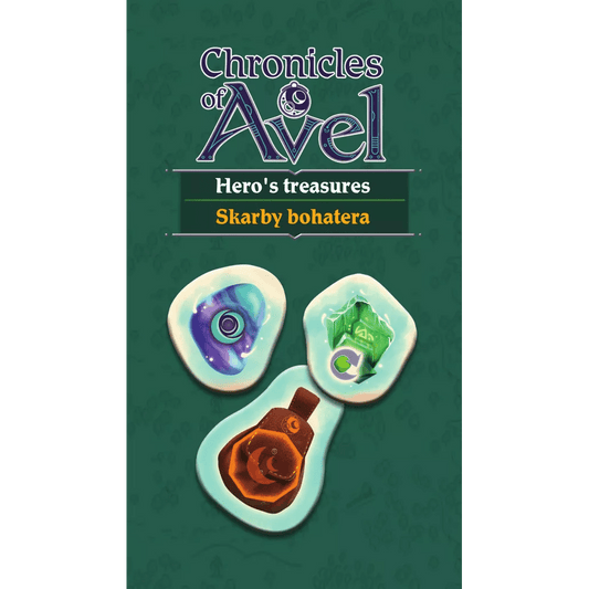 The green cover of Rebel's Chronicles of Avel: Hero's Treasures Expansion features three illustrated gemstones—blue, green, and orange—at the bottom.