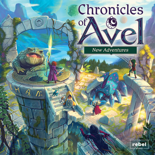 Illustrated fantasy scene with adventurers on ancient ruins, a giant frog with a staff, mystical runes, lush greenery, and a large blue creature. Text: Chronicles of Avel: New Adventures Expansion by Rebel—an epic cooperative board game expansion.