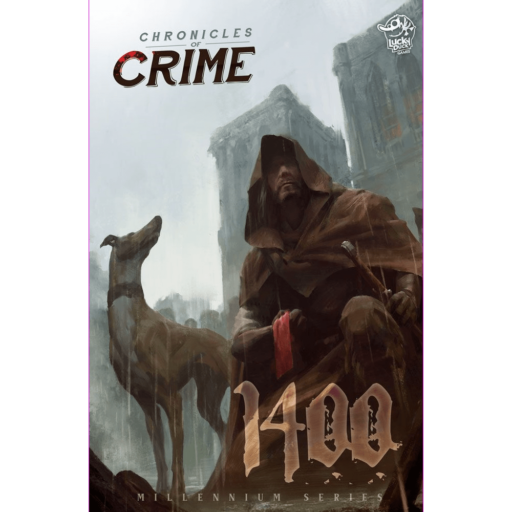 A hooded man in medieval garb stands with a greyhound in a misty city, setting the scene for Chronicles of Crime: 1400 by Lucky Duck Games—a thrilling detective mystery board game.