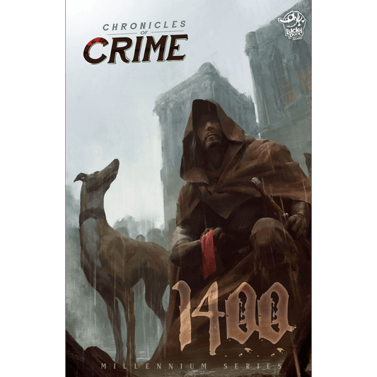 A hooded man in medieval garb stands with a greyhound in a misty city, setting the scene for Chronicles of Crime: 1400 by Lucky Duck Games—a thrilling detective mystery board game.