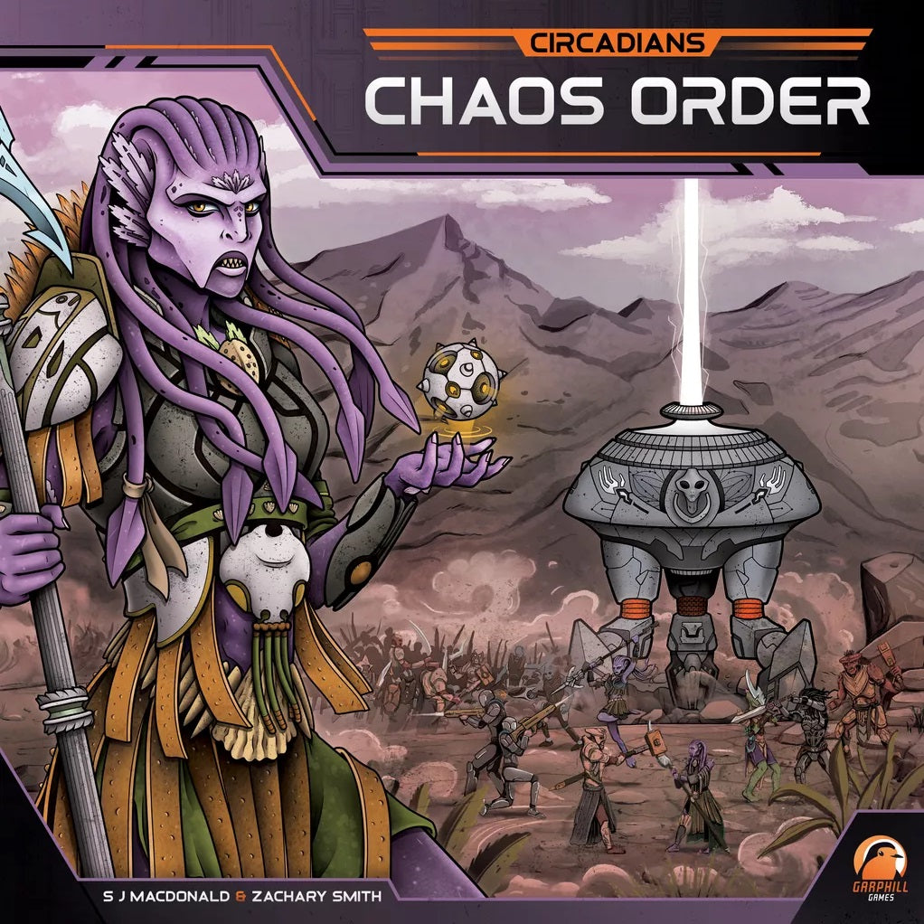 A purple tentacled alien holds a glowing orb as an army advances and giant structures emit light beams. The title “Circadians: Chaos Order” by Renegade Game Studios appears above.