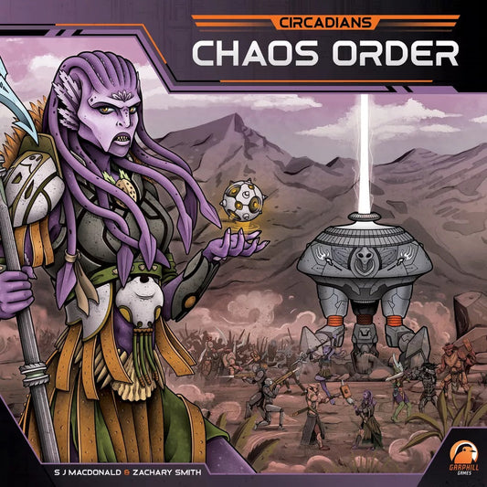 A purple tentacled alien holds a glowing orb as an army advances and giant structures emit light beams. The title “Circadians: Chaos Order” by Renegade Game Studios appears above.