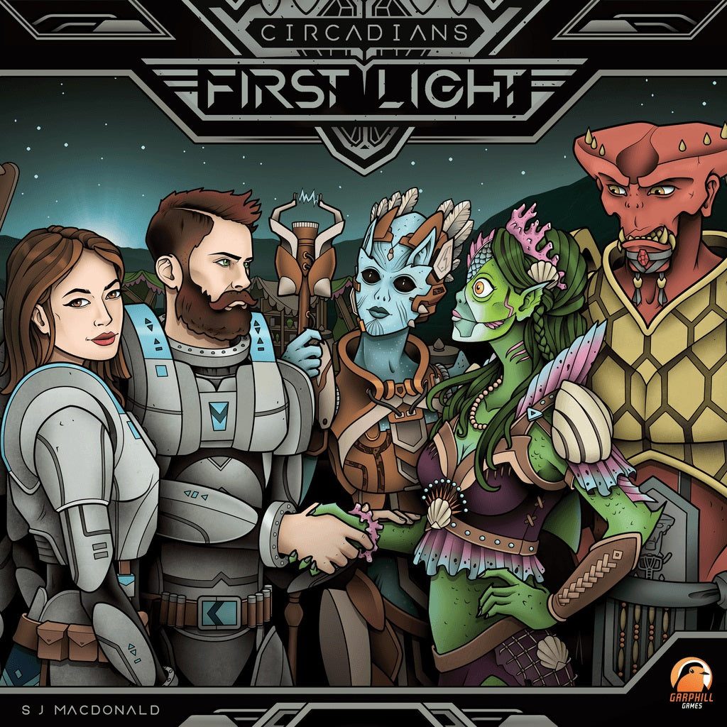 Five characters—two armored humans and three colorful aliens—stand ready for adventure on an alien planet, inspired by Renegade Game Studios' Circadians: First Light.
