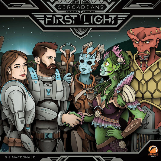 Five characters—two armored humans and three colorful aliens—stand ready for adventure on an alien planet, inspired by Renegade Game Studios' Circadians: First Light.