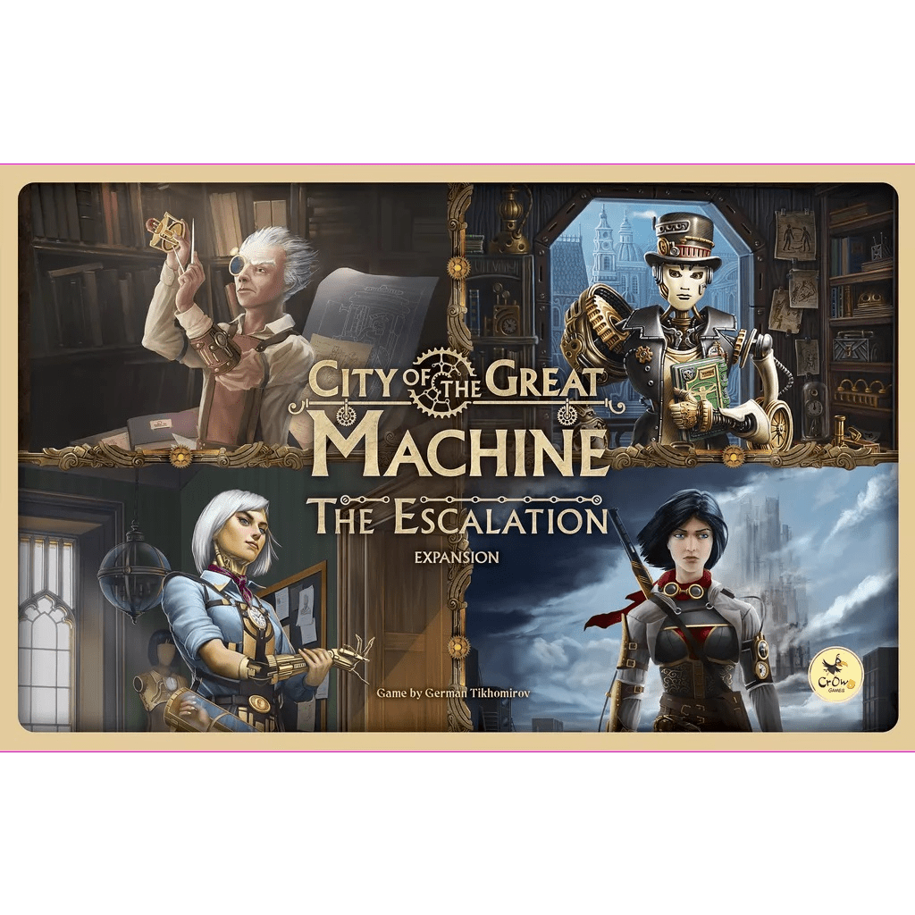Box art for City of the Great Machine: The Escalation Expansion by CrowD Games shows four steampunk characters in ornate costumes, a clockwork backdrop, and the title centered. The expansion adds solo and cooperative modes.