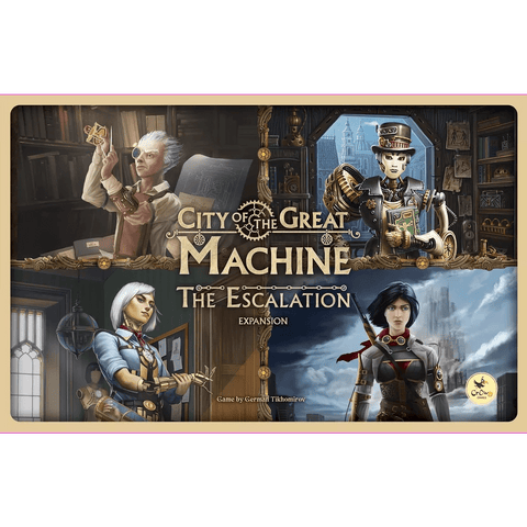 The box cover of the City of the Great Machine Bundle by CrowD Games shows an inventor, a mechanic, a caped woman, and a female pilot against a backdrop of gears and steampunk machinery.