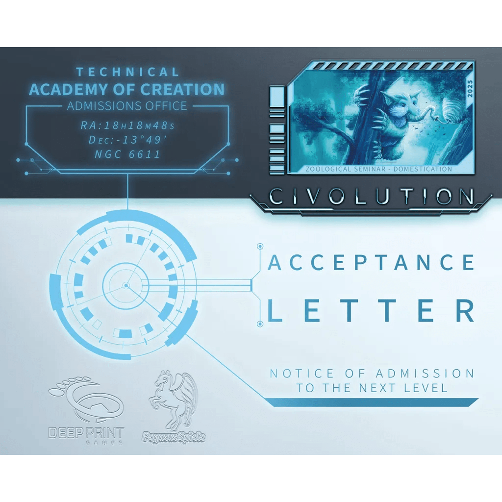 The Civolution: Acceptance Letter Expansion by Pegasus Spiele features blue digital graphics, a sci-fi creature, technical data, and the Extra Credits icon. Text reads "Acceptance Letter" and "Notice of Admission to the Next Level.