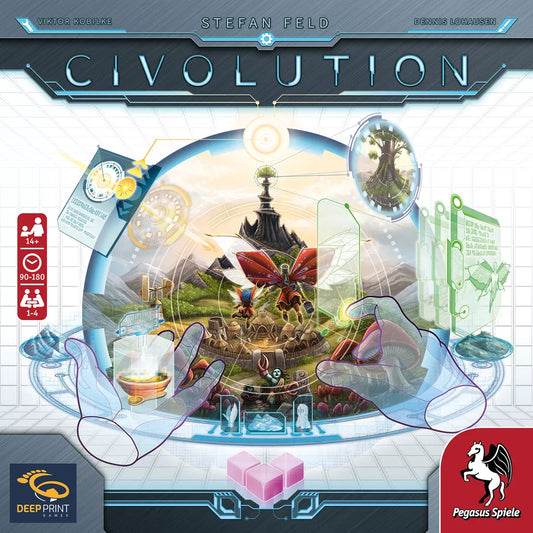 The Civolution cover art shows futuristic hands with scientific tools and a digital interface revealing a vibrant tech island, inspired by Civilization Design at the Technical Academy of Creation. The Pegasus Spiele logo is also displayed.
