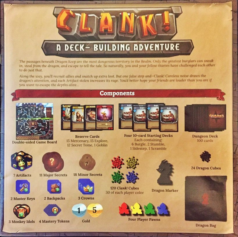 Clank!: A Deck-Building Adventure by Renegade Game Studios includes a game board, cards, tokens, cubes, artifacts, and more—everything you need for thrilling adventures in the dragon’s lair.