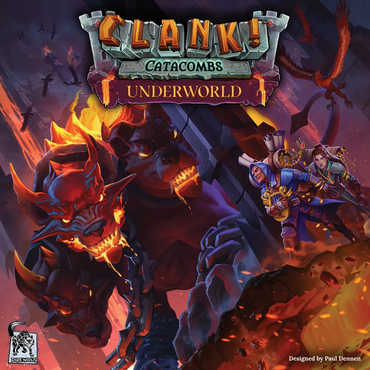 Two adventurers sneak past a three-headed beast in a fiery underworld, crowned by the Clank!: Catacombs – Underworld Expansion logo from Dire Wolf, promising a thrilling deck-building game adventure.