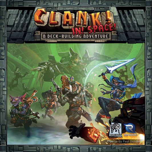 The cover art for Clank! In! Space!: A Deck-Building Adventure (English Second Edition) by Dire Wolf shows diverse adventurers battling robots in a vivid, green-lit spaceship scene, with the game’s title and logos at the top and bottom.