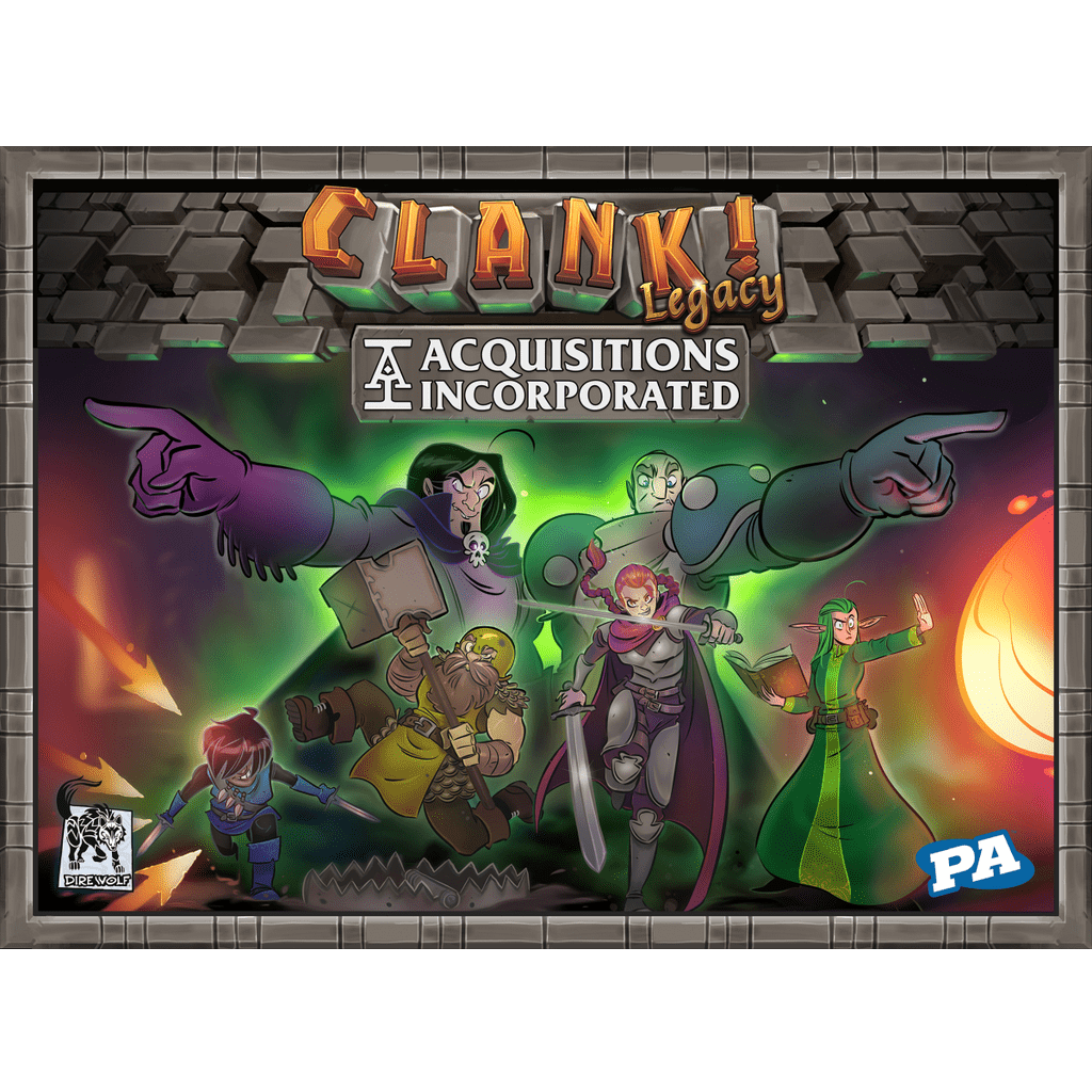 Box art for Dire Wolf’s Clank! Legacy: Acquisitions Incorporated shows five cartoon adventurers in fantasy armor and robes, striking heroic poses against a glowing green background with a stone border and the game title at the top.