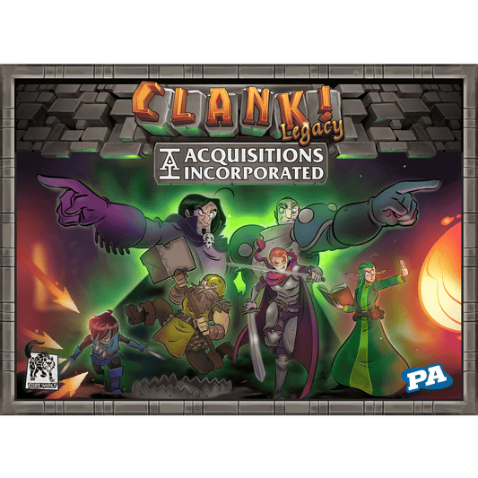 Box art for Dire Wolf’s Clank! Legacy: Acquisitions Incorporated shows five cartoon adventurers in fantasy armor and robes, striking heroic poses against a glowing green background with a stone border and the game title at the top.