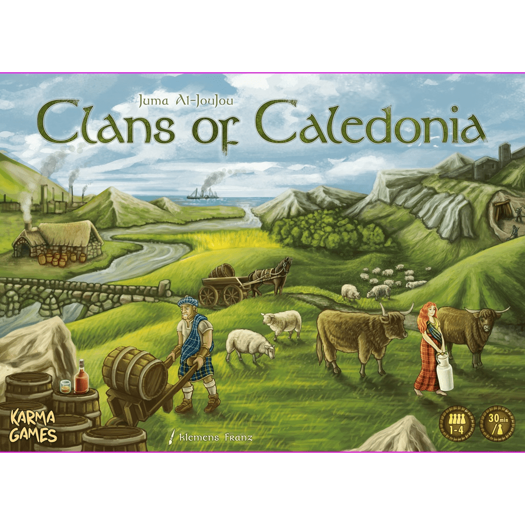The illustrated cover of Clans of Caledonia EN/DE by Karma Games depicts the Scottish Highlands with people, sheep, cows, wagons, and houses—hinting at whisky production in this vibrant economic board game.