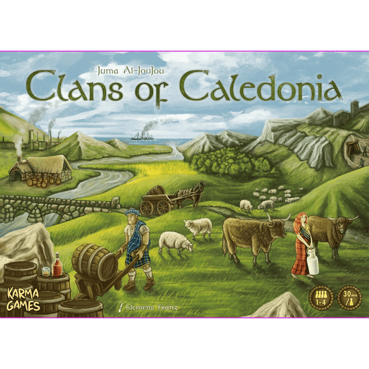 The illustrated cover of Clans of Caledonia EN/DE by Karma Games depicts the Scottish Highlands with people, sheep, cows, wagons, and houses—hinting at whisky production in this vibrant economic board game.