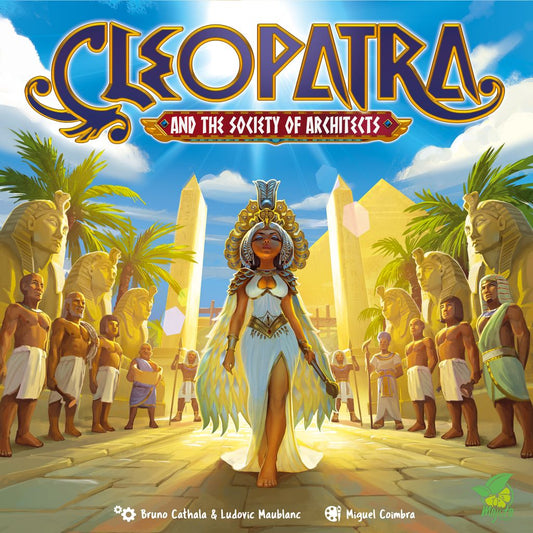 A regal woman dressed as Cleopatra stands proudly amid guards and statues in the sun, inviting you to Cleopatra and the Society of Architects: Deluxe Edition by Mojito Studios—a stunning 3D palace board game adventure.