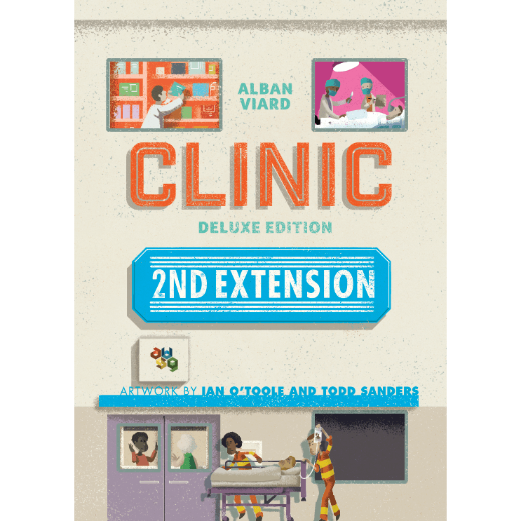 Box cover for Clinic: Deluxe Edition Bundle by Alban Viard Studio Games—a 3D hospital board game where doctors treat patients. Art by Ian O'Toole and Todd Sanders.