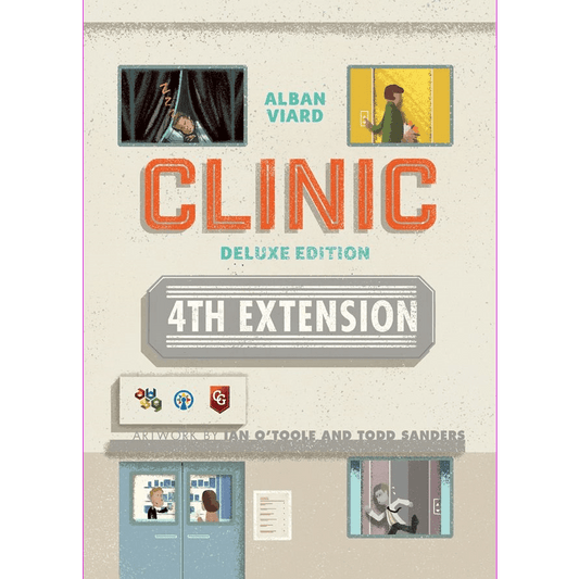 Board game box cover for Clinic: Deluxe Edition Bundle by Alban Viard Studio Games. The hospital-themed design shows people in windows, icons, stylized text, and features artwork by Ian OToole and Todd Sanders.