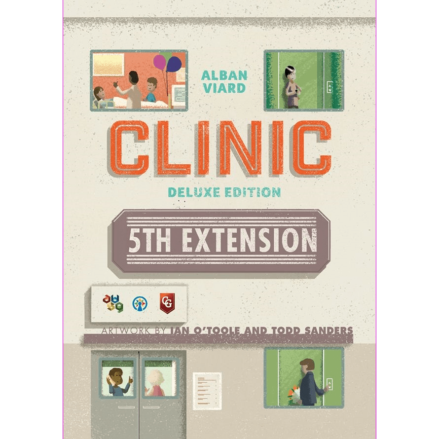 Board game cover for Clinic: Deluxe Edition Bundle by Alban Viard Studio Games. The design shows illustrated hospital scenes through windows with patients, doctors, medical staff, and bold orange and blue text.