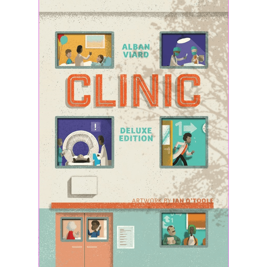 Illustration of a clinic building with medical scenes in the windows. "Clinic: Deluxe Edition Bundle" by Alban Viard Studio Games appears in large text on the facade, showcasing this 3D hospital board game.